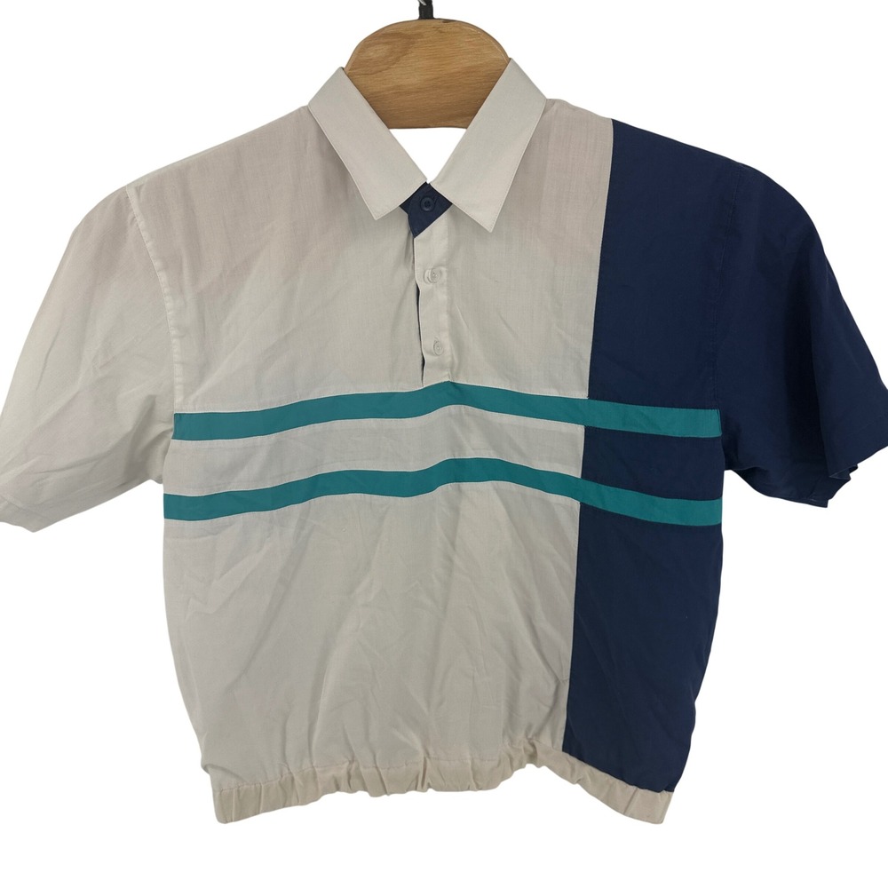 Vintage Saddlebrook Mens Large Colorblock Polo Shirt White Navy Teal 90s Retro